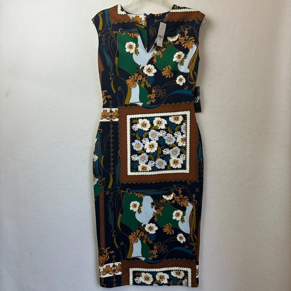 New York & Company Scarf Print Floral Sheath Dress Navy Green Brown Small 2706
